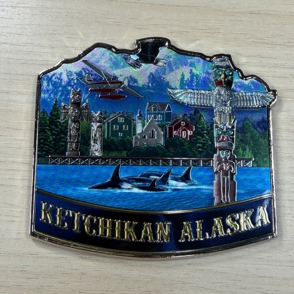 Ketchikan Alaska Metal Magnet Fridge Decor Souvenier Plane Totem Pole 3.25 X 3.2
